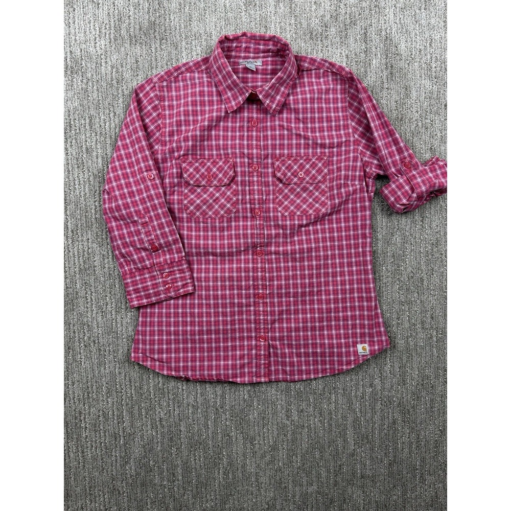 Carhartt Womens XL Pink Plaid Button Up Pockets Work Shirt Roll Tab Sleeve
